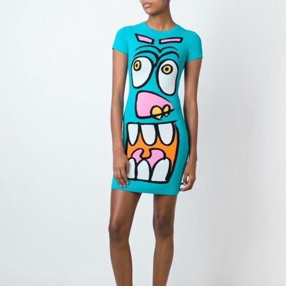 Authentic Jeremy Scott Blue Knit Cartoon Monster Face Dress - Picture 1 of 8